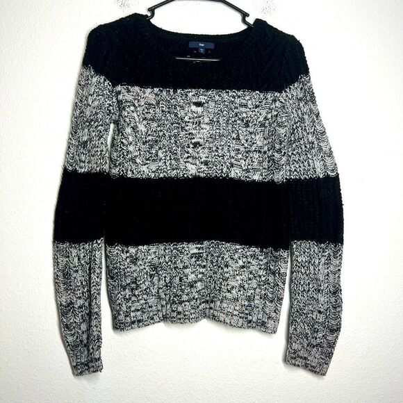 GAP Stripe Woven Knitted Color Block Wool Blend Sweater Black Gray Crewneck Sz S - Picture 1 of 11